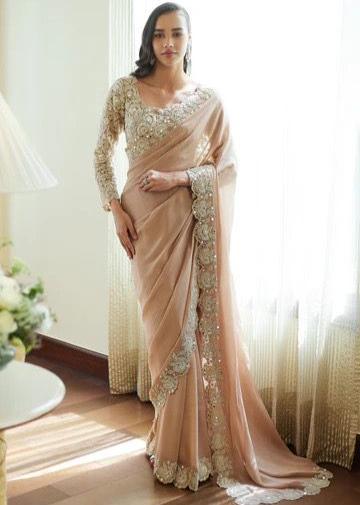 Designer georgette sequin mirror work wedding saree Peach Free Size