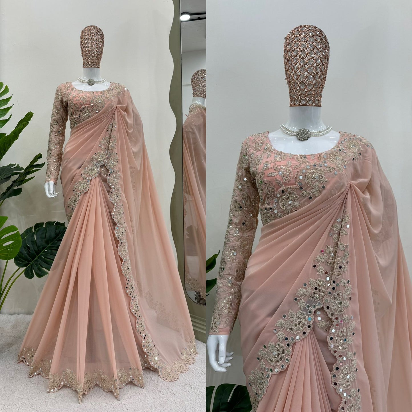 Designer georgette sequin mirror work wedding saree