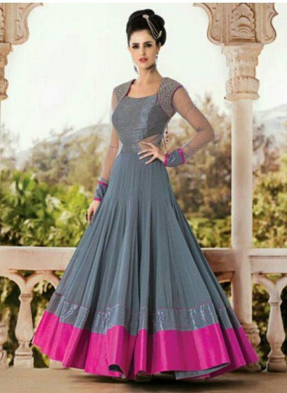 Beutiful Grey Plain Ceremonial Anarkali Suit