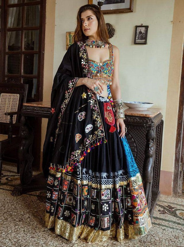 Black and blue digital printed real mirror work navratri festival lehenga chaniya choli