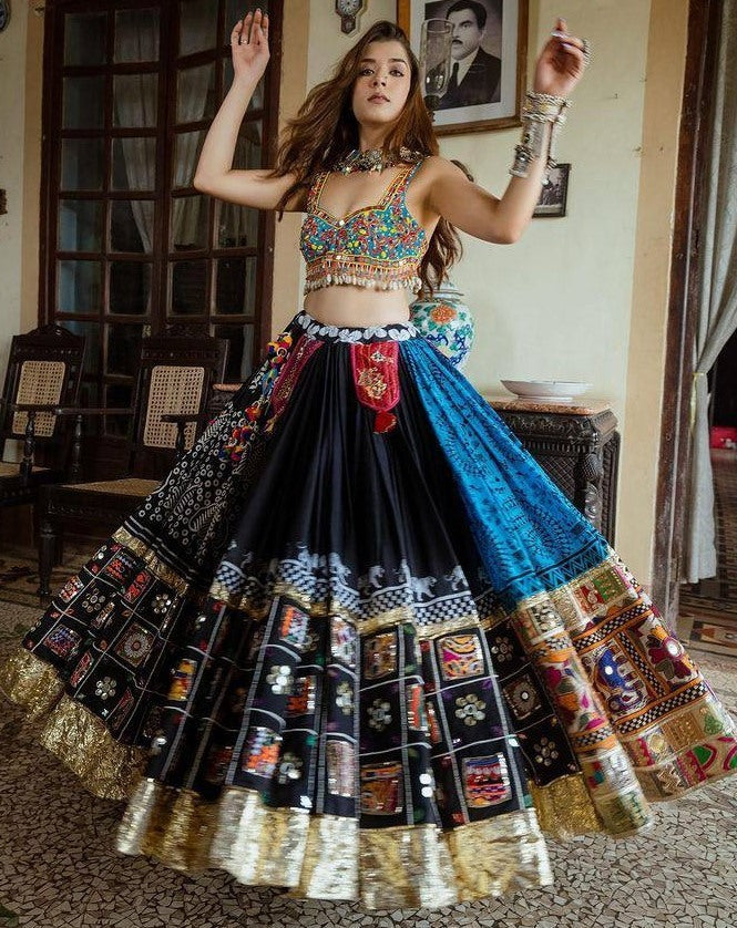 Black and blue digital printed real mirror work navratri festival lehenga chaniya choli