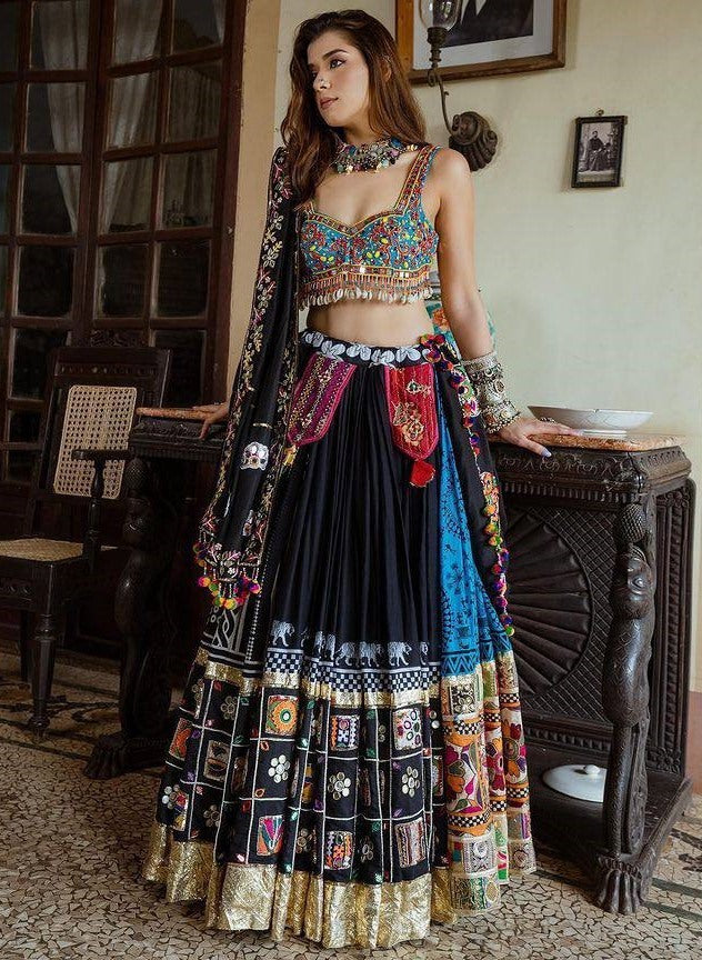 Black and blue digital printed real mirror work navratri festival lehenga chaniya choli