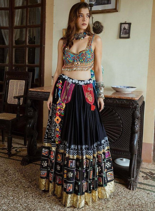 Black and blue digital printed real mirror work navratri festival lehenga chaniya choli