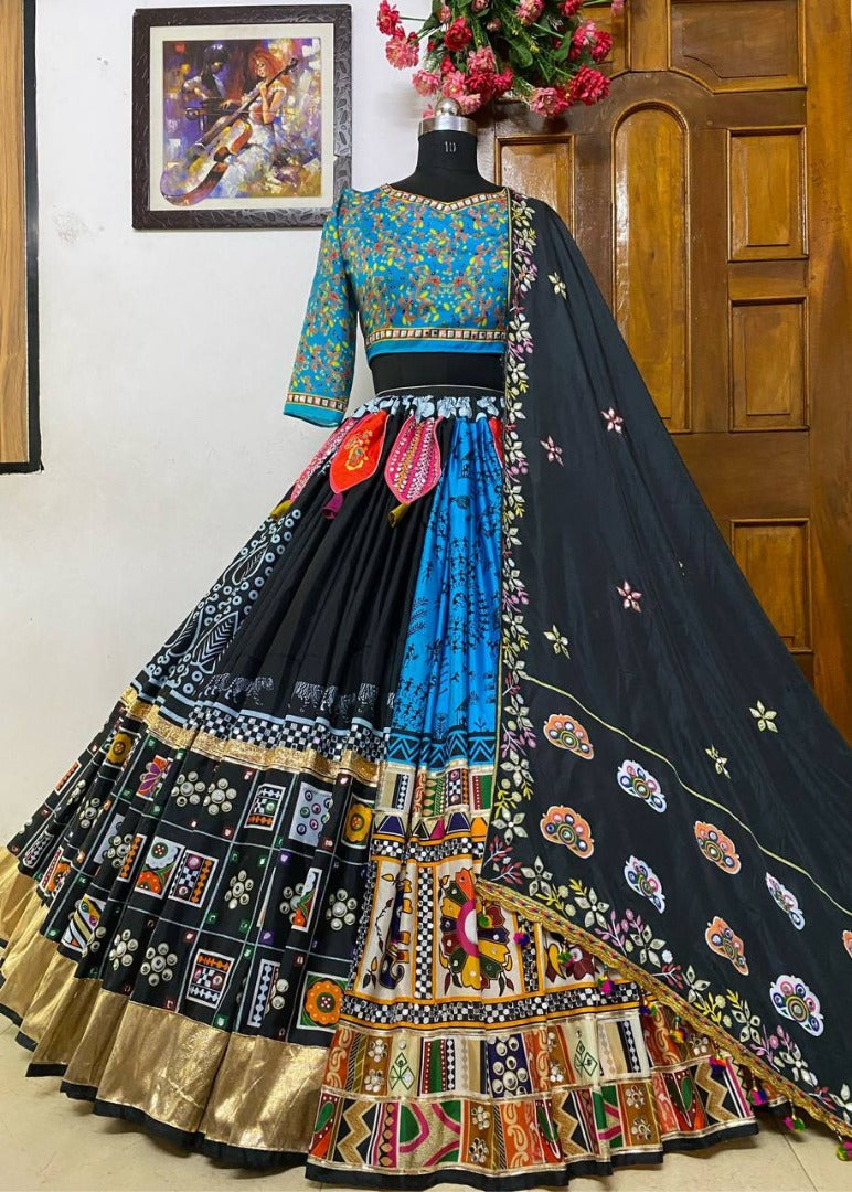 Black and blue digital printed real mirror work navratri festival lehenga chaniya choli