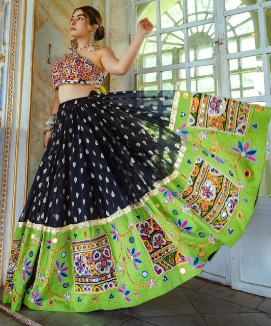 Black and green heavy embroidery and mirror work navratri festival lehenga choli
