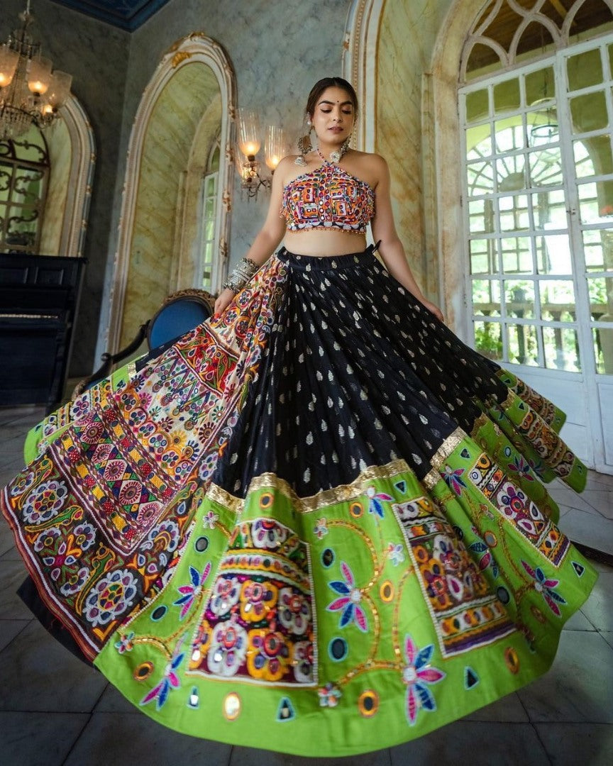 Black and green heavy embroidery and mirror work navratri festival lehenga choli