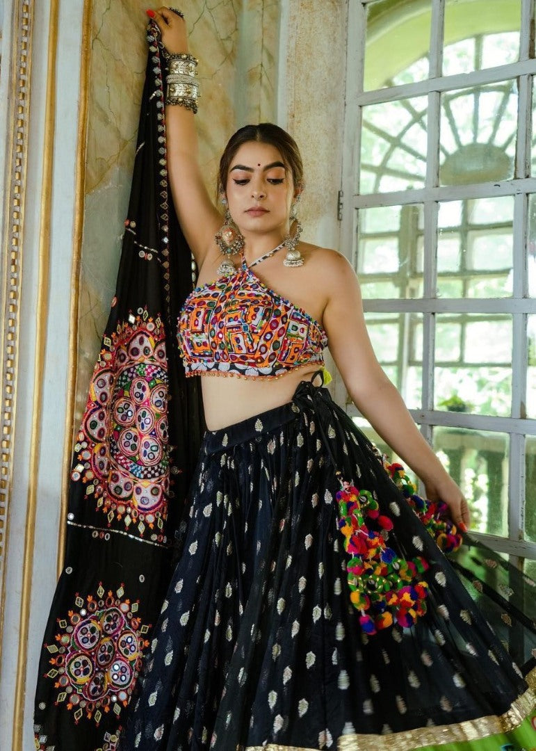 Black and green heavy embroidery and mirror work navratri festival lehenga choli