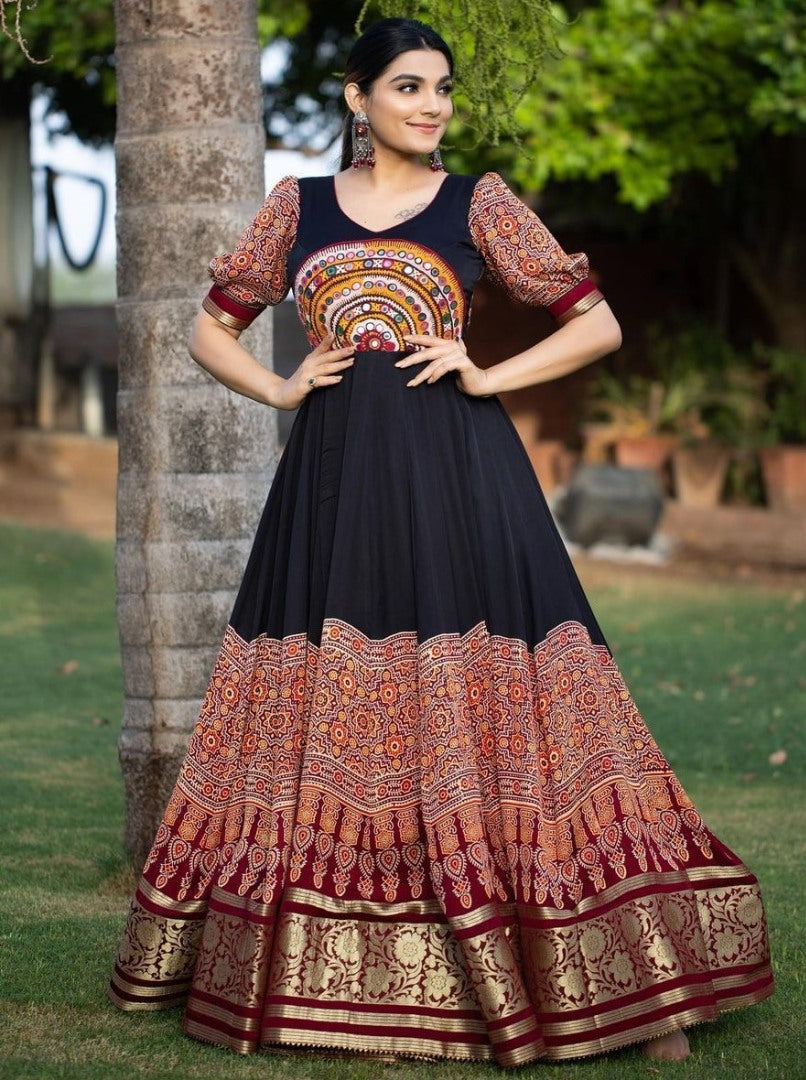 Black and multicolor digital printed mirror work evening gown