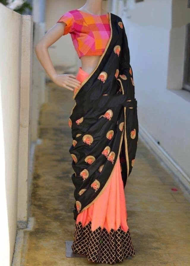 black and orange paper silk partywear saree