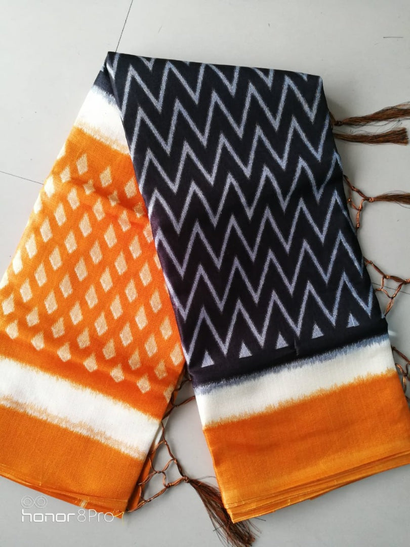 Black and orange printed khadi silk saree
