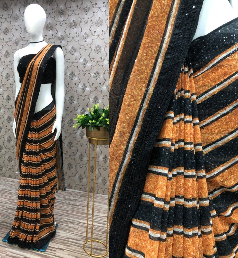 Black and orange stripe sequence work designer party wear saree
