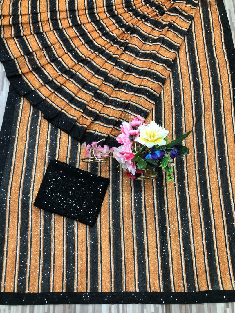 Black and orange stripe sequence work designer party wear saree
