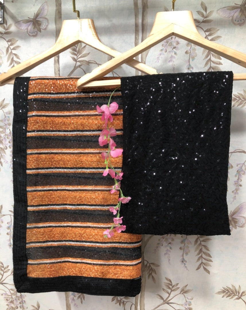 Black and orange stripe sequence work designer party wear saree