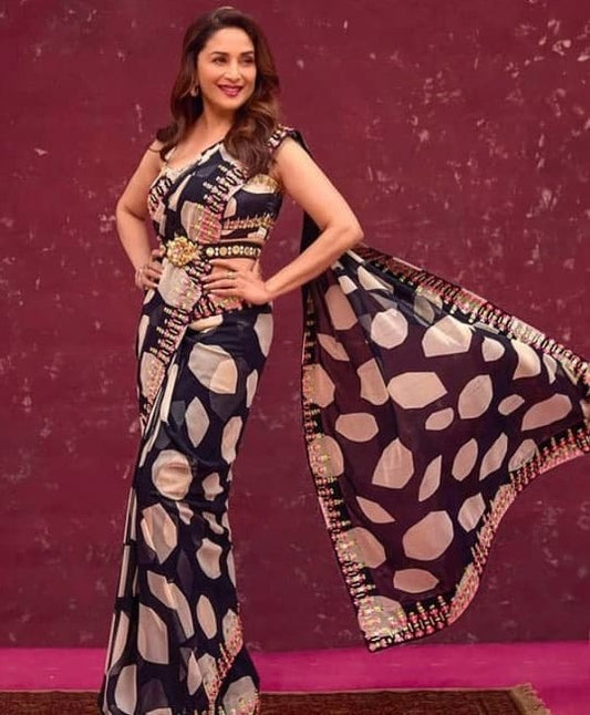 Black and peach georgette heavy digital printed embrodoired saree