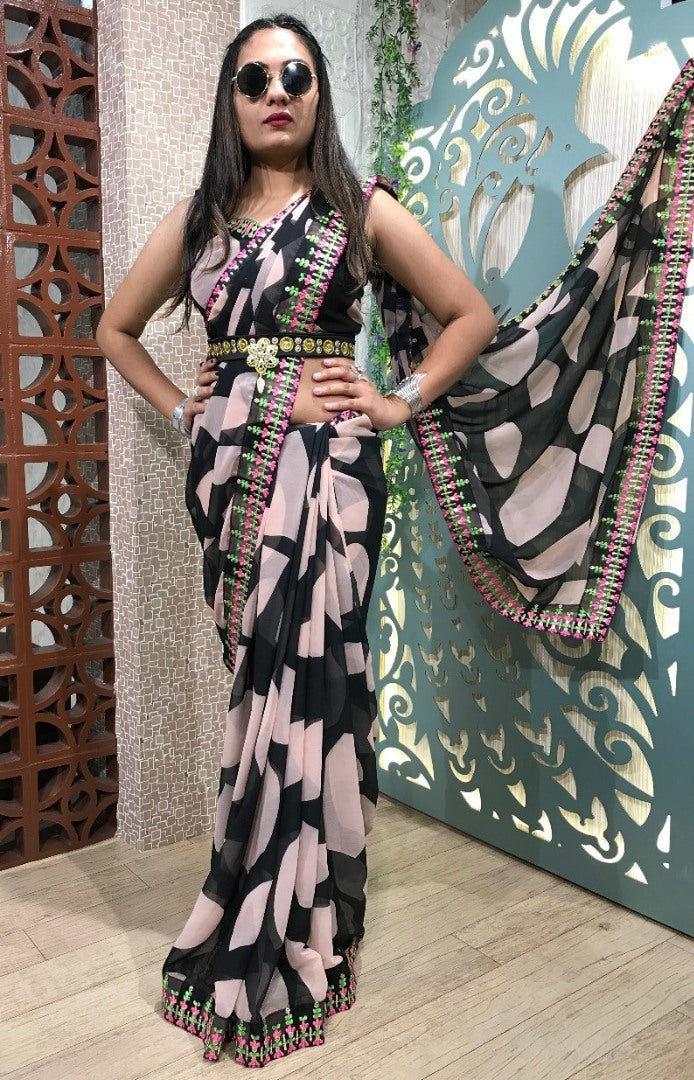 Black and peach georgette heavy digital printed embrodoired saree