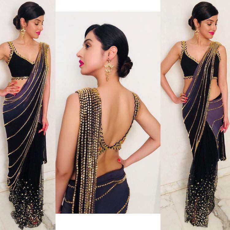 Black and purple georgette designer saree