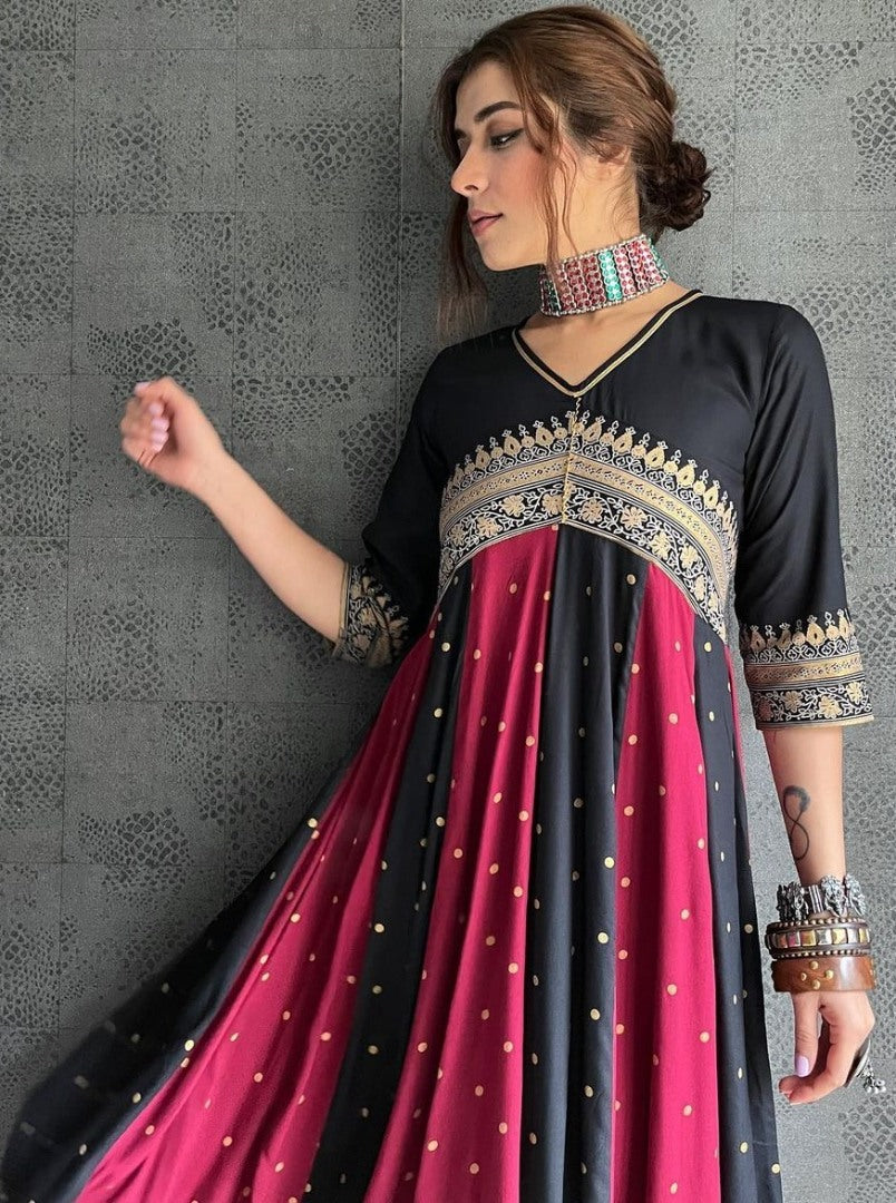 Black and red butter silk printed stylist gown