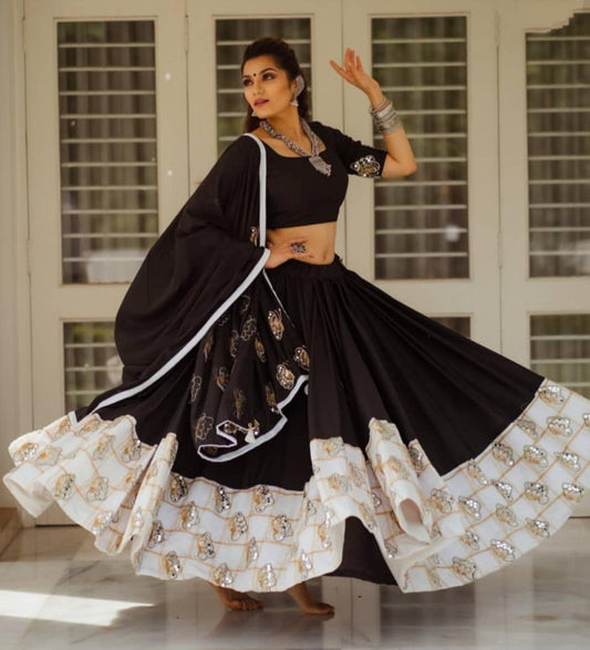 Black and white american silk printed festive lehengha choli