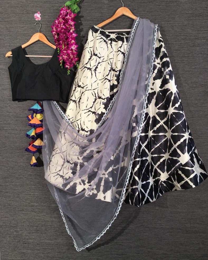 Black and white digital printed crop top lehenga