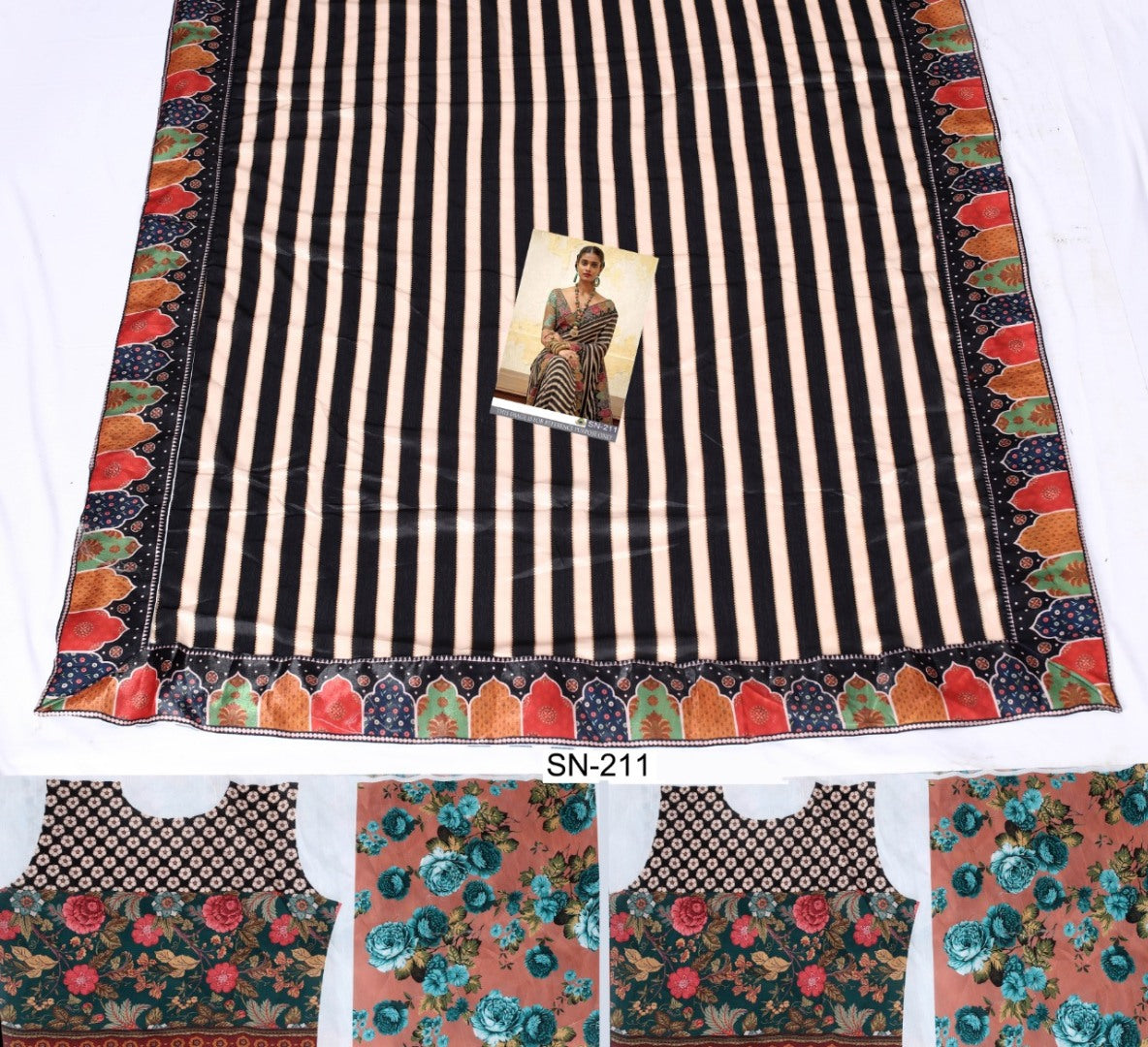 Black and white strip designer printed wedding saree