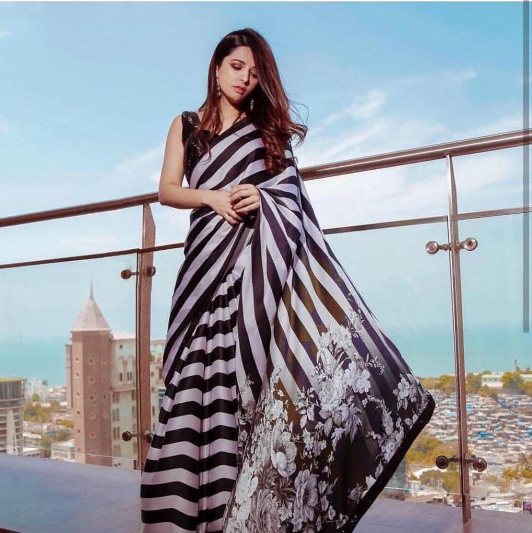 Black and white strip digital printed partywear saree