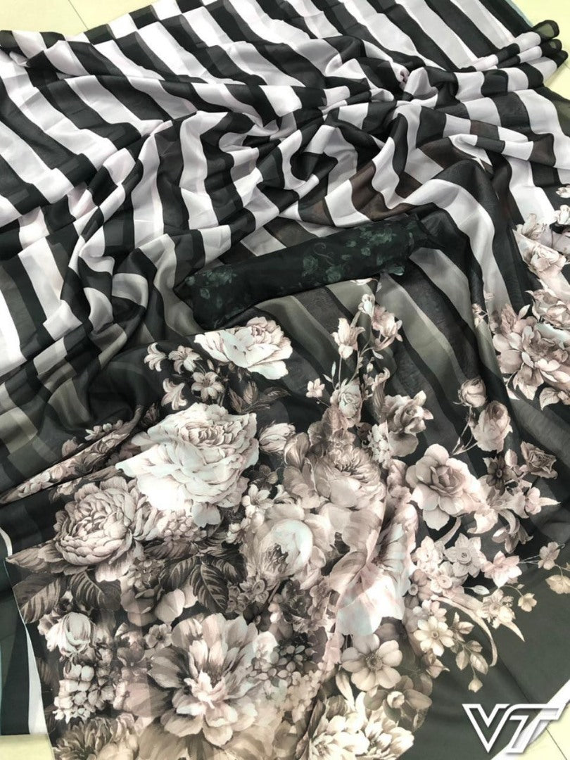 Black and white strip digital printed partywear saree
