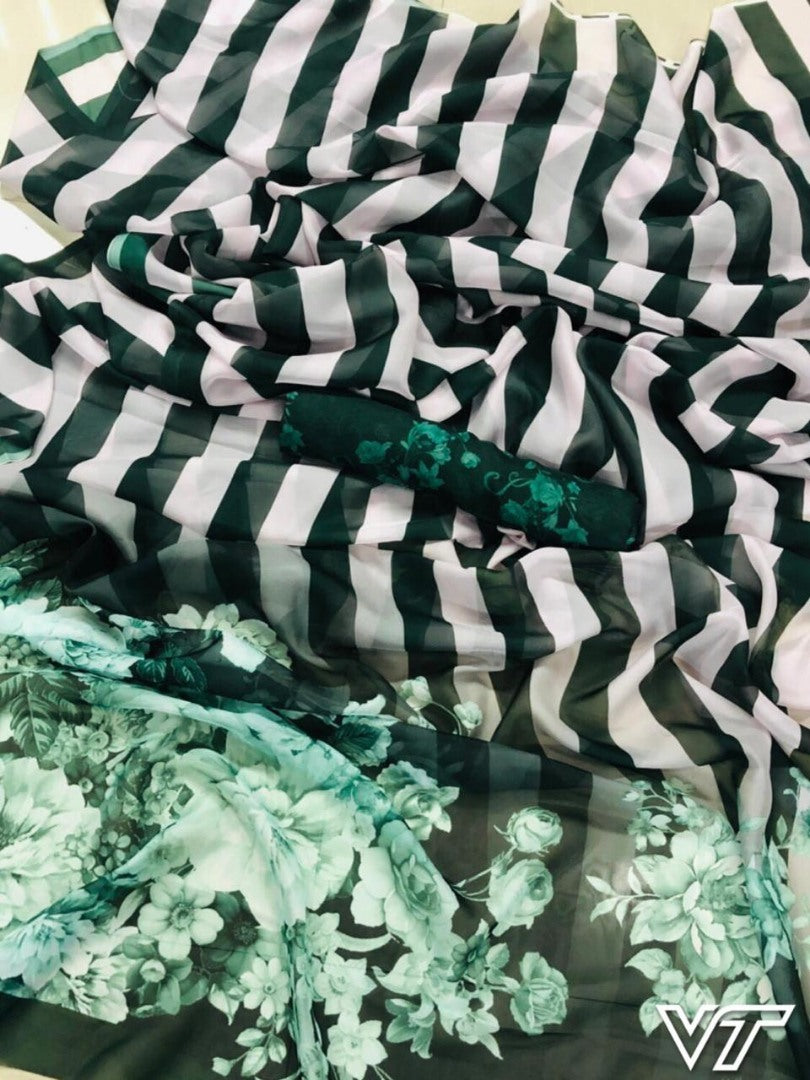 Black and white strip digital printed partywear saree