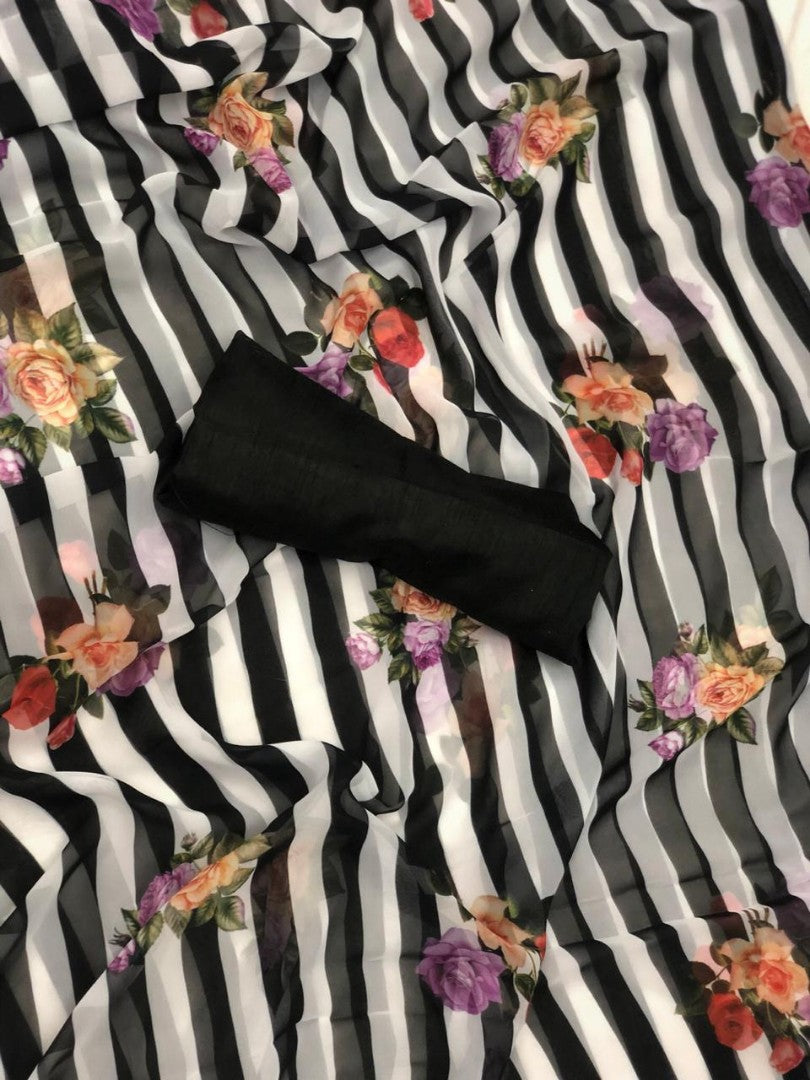 black and white strip georgette flower printed saree