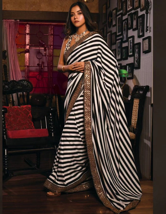 Black and white stripe georgette party wear saree