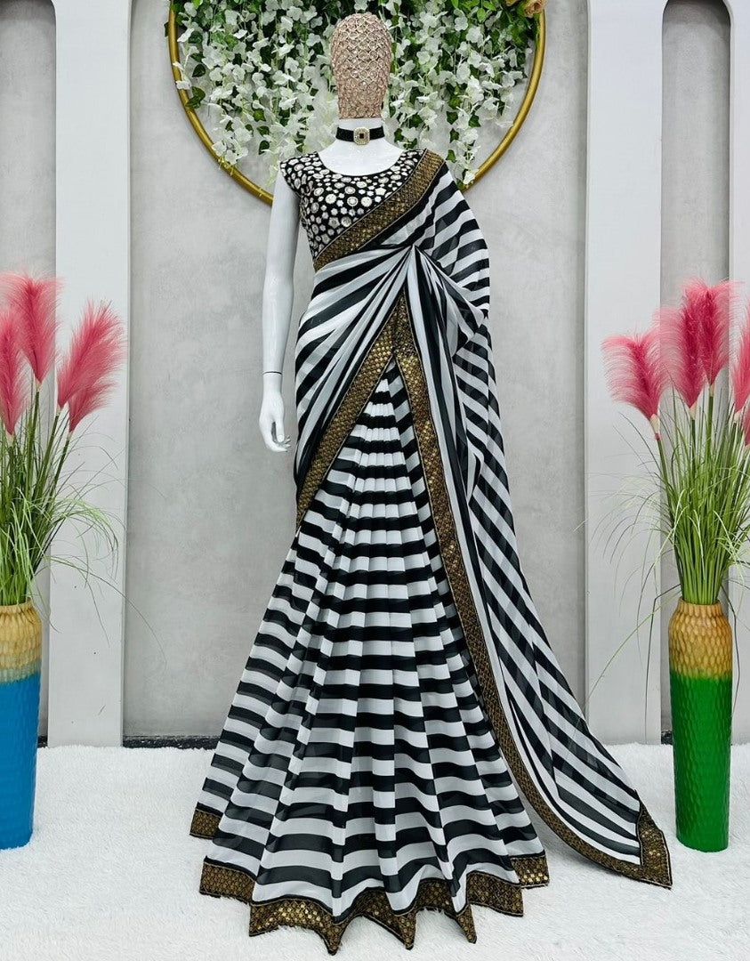 Black and white stripe georgette party wear saree