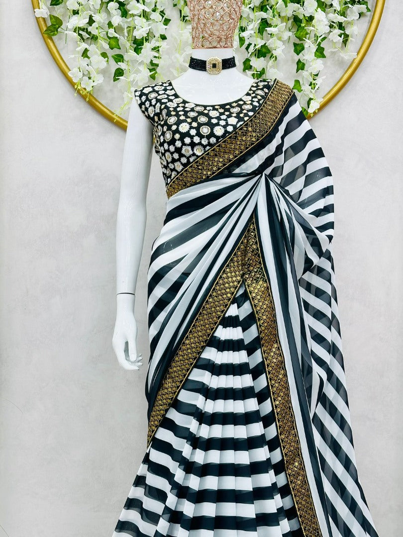 Black and white stripe georgette party wear saree