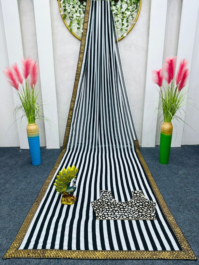 Black and white stripe georgette party wear saree