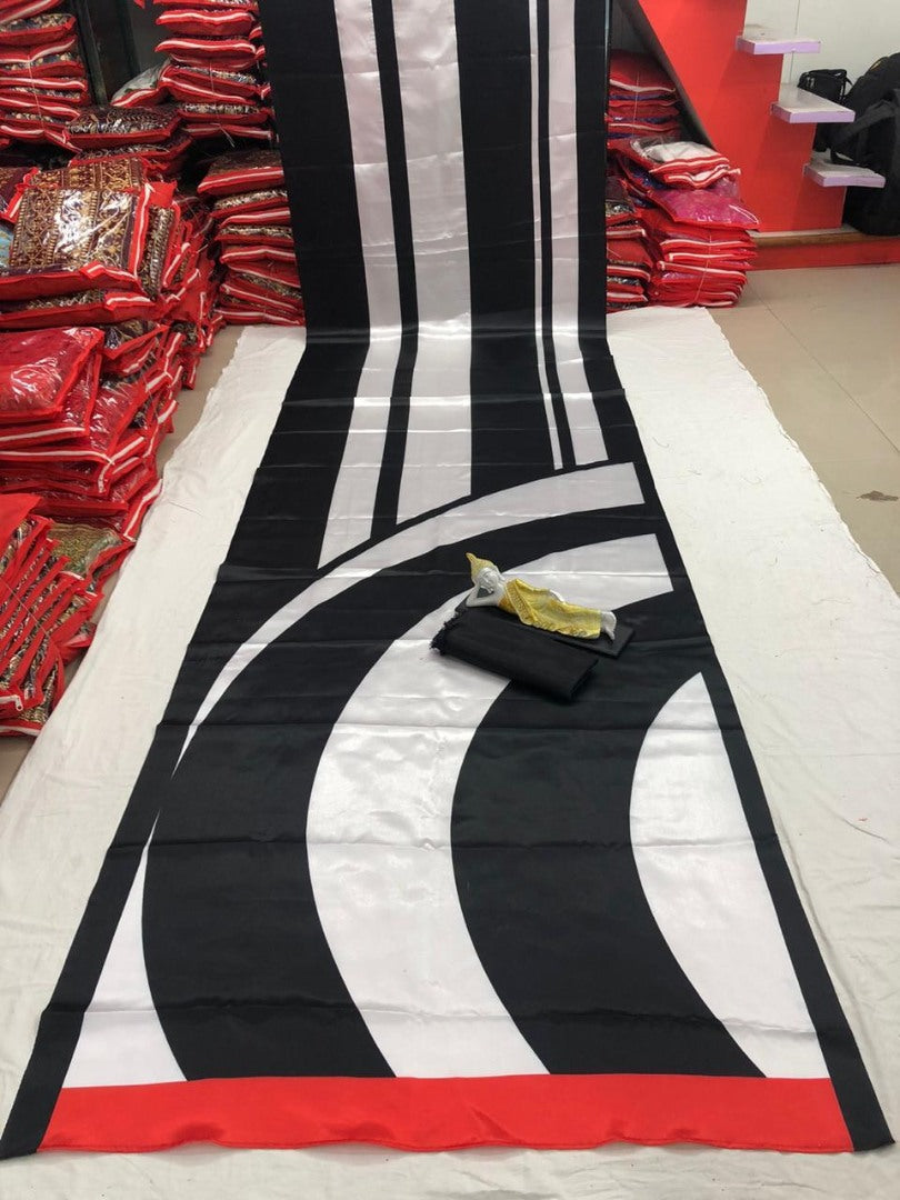 Black and white ultra satin printed saree