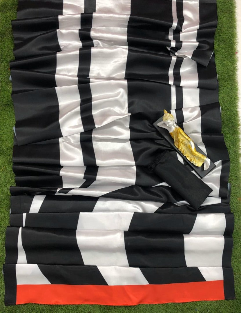 Black and white ultra satin printed saree