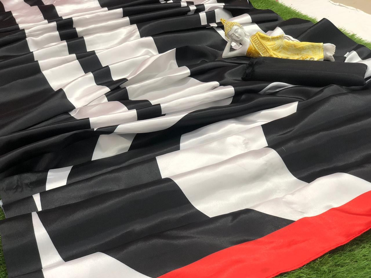 Black and white ultra satin printed saree