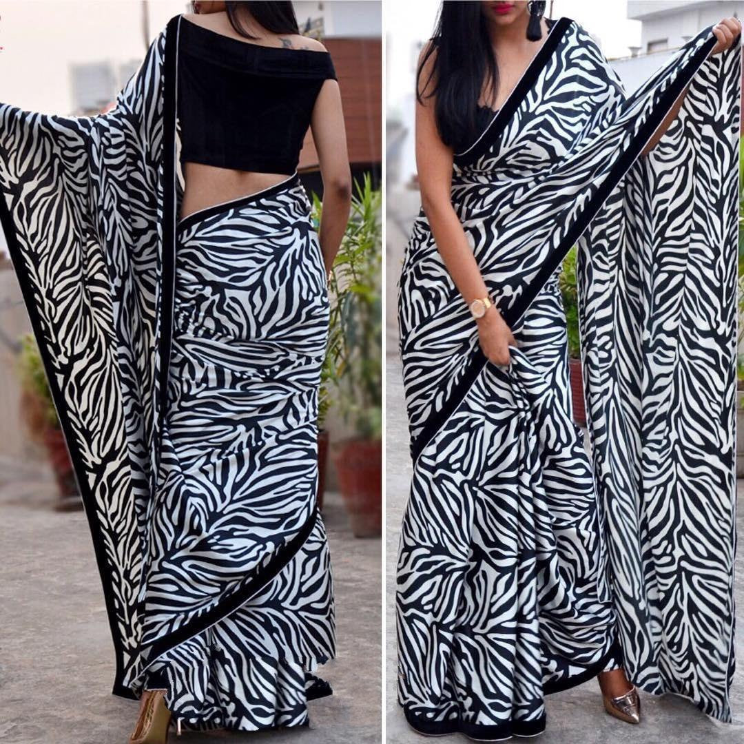 Black and white vichitra silk digital flower printed saree