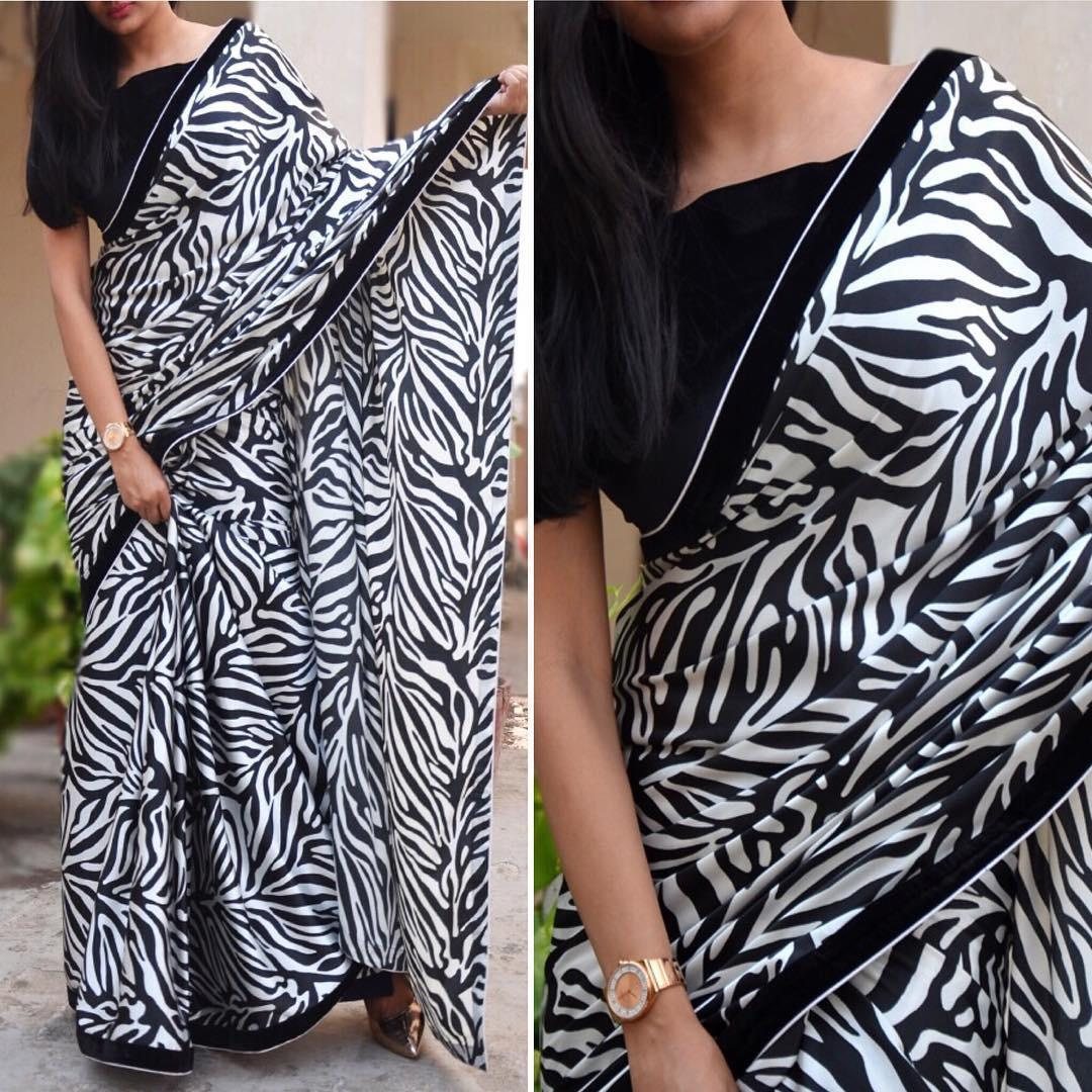 Black and white vichitra silk digital flower printed saree