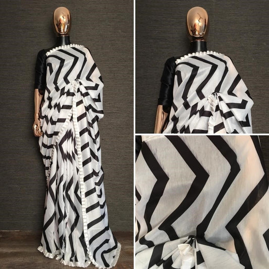 Black and white zig zag printed chanderi cotton frill border saree
