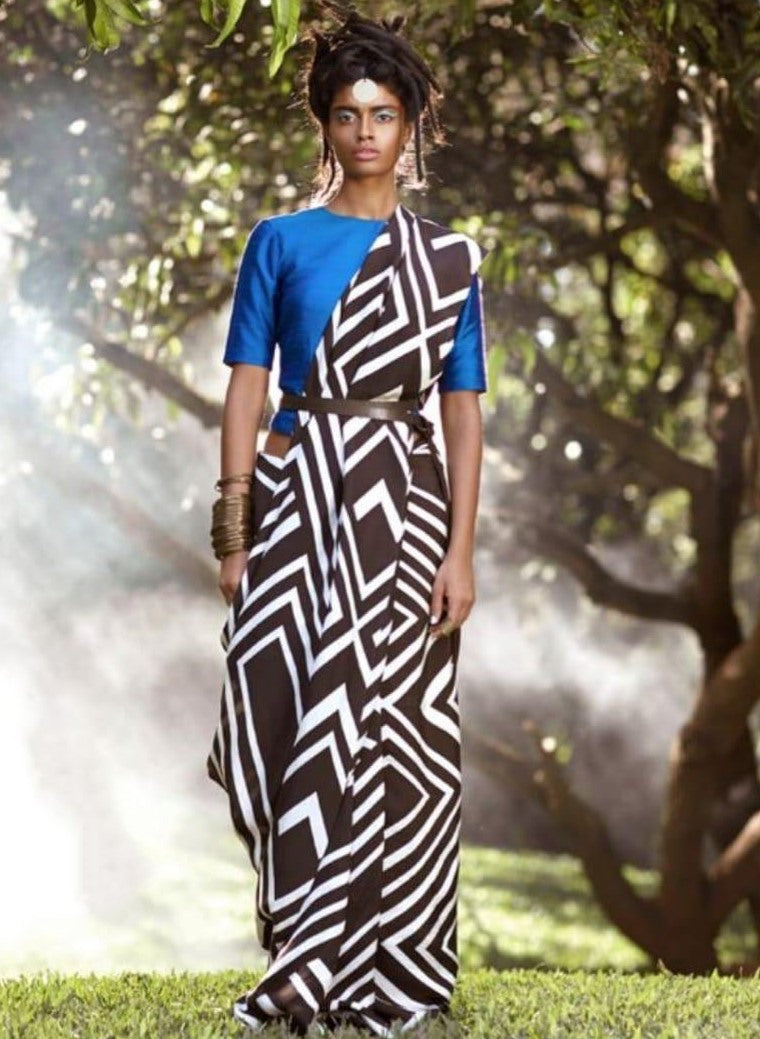 black and white zig zag printed satin partywear saree