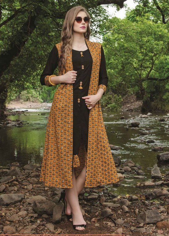Black & Yellow Colored Cotton Printed Koti and Button Work Stitched Kurti
