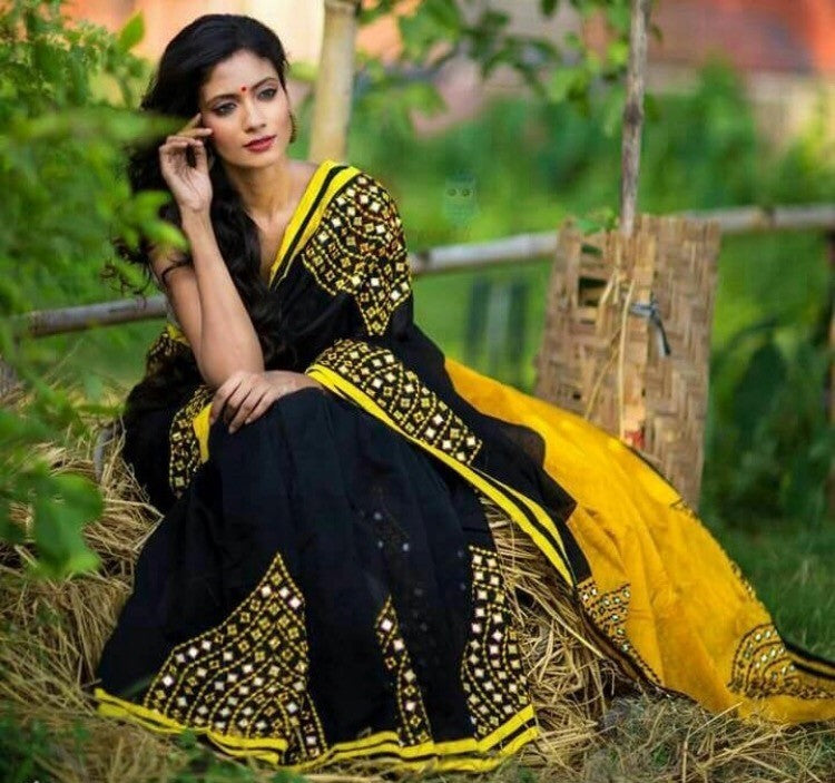 black and yellow georgette embroidered festival saree