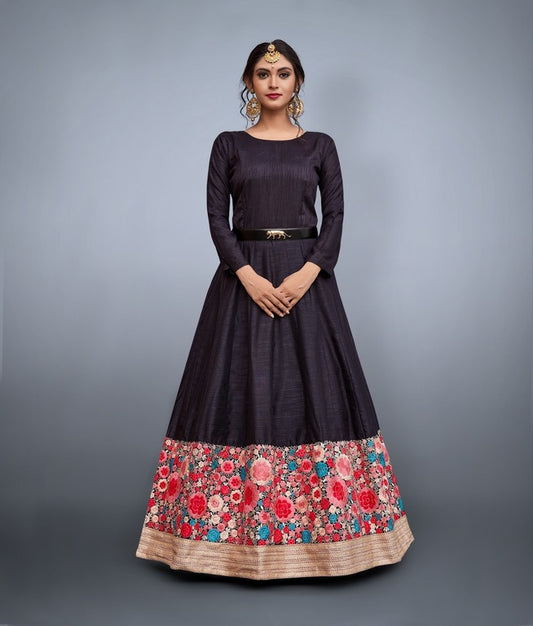 Black art silk embroidered partywear gown