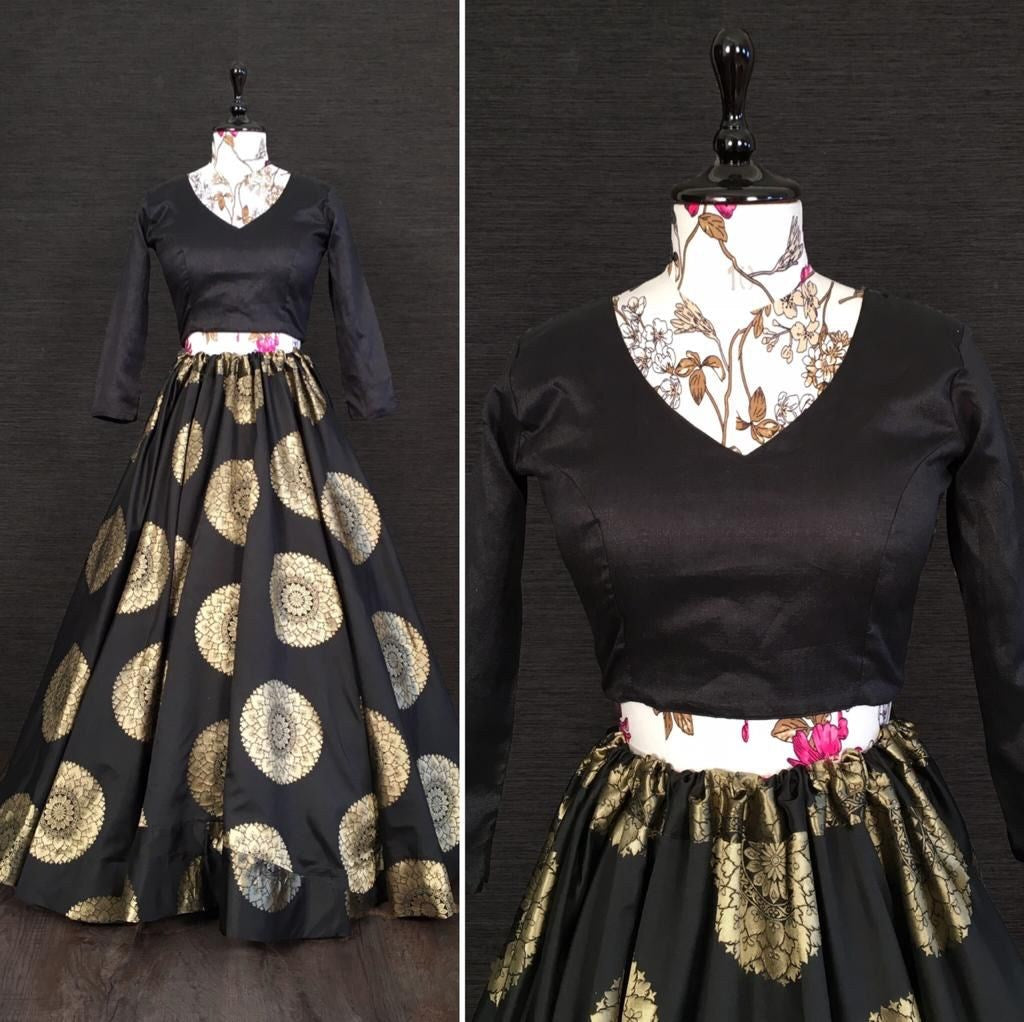 Black banarasi silk jacquard weaving work lehenga choli