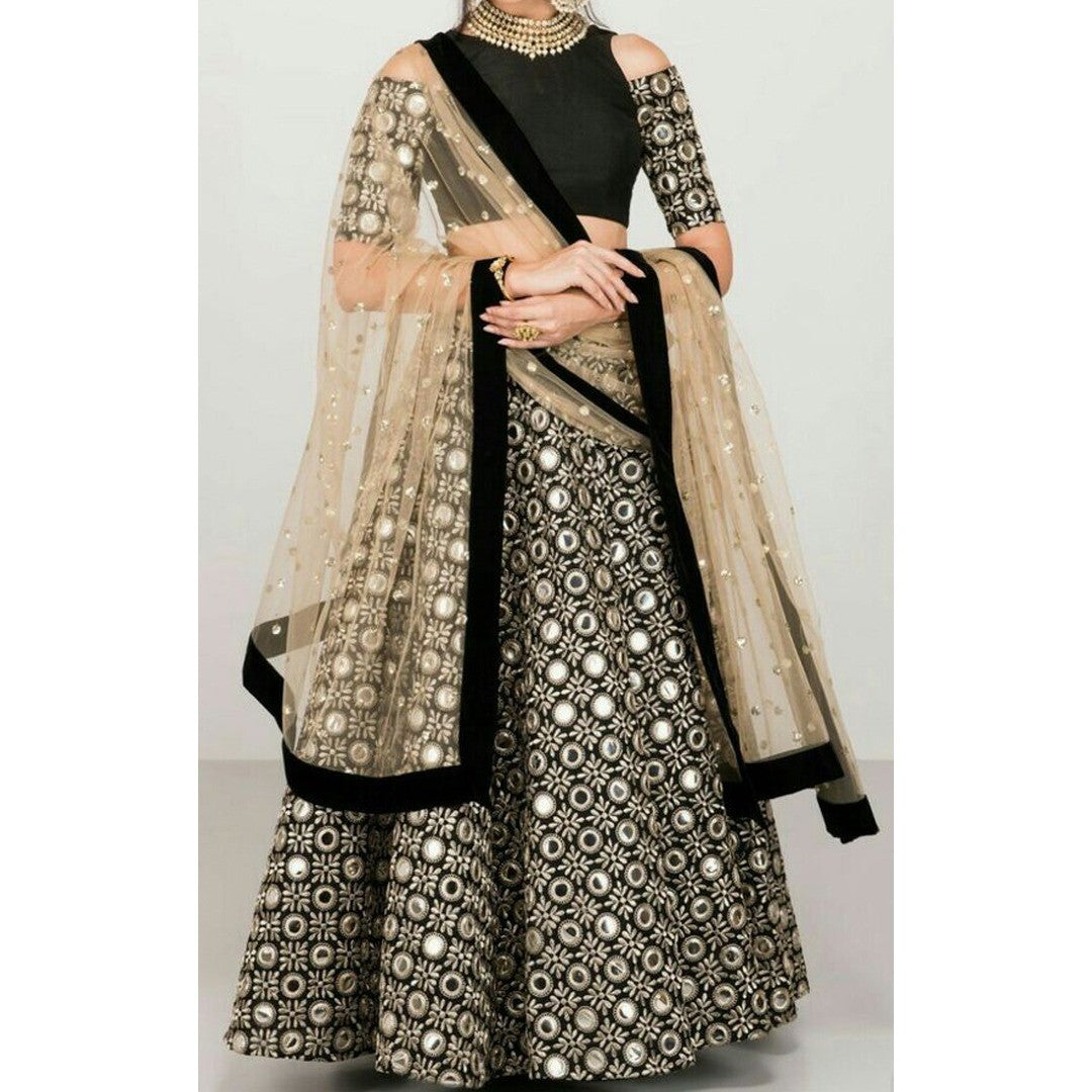 Black banglori paper mirror threadwork wedding lehenga choli