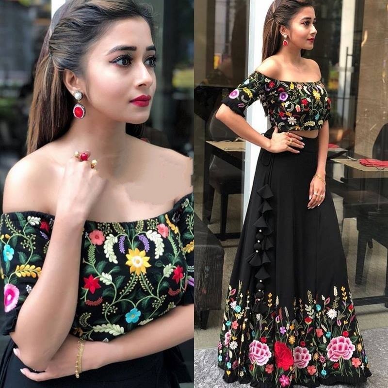 Black banglori satin flower digital printed partywear lehenga choli