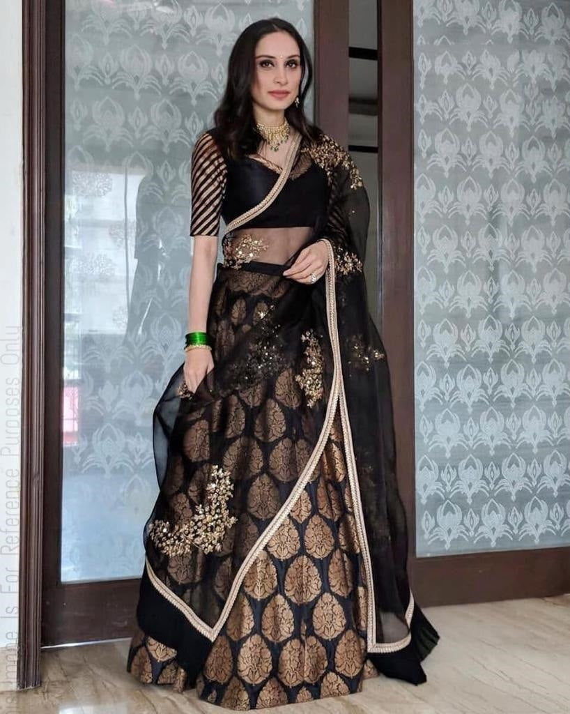 Black banglory satin golden print lehenga choli for ceremony