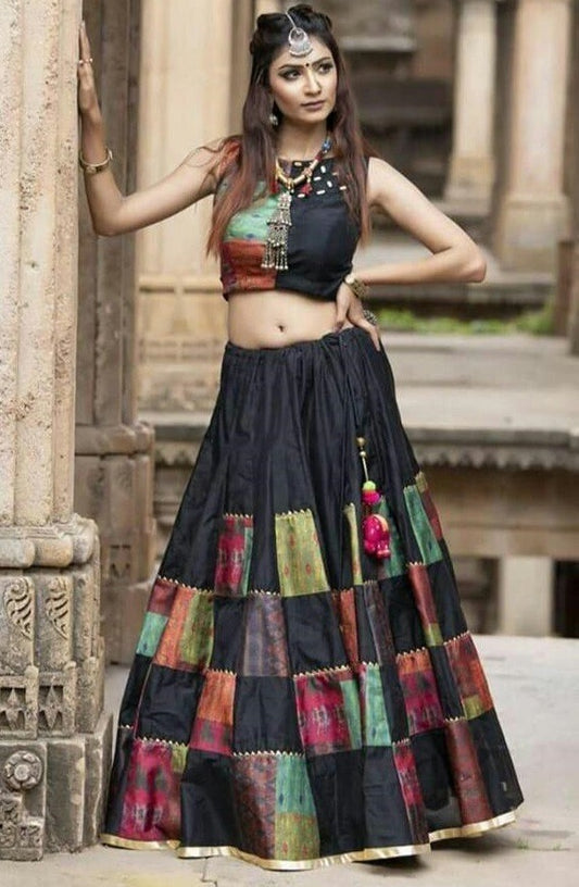 Black banglory satin multi printed festival lehenga choli