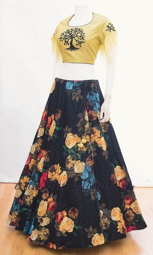 Black banglory satin multicolor flower printed festival wear lehenga choli