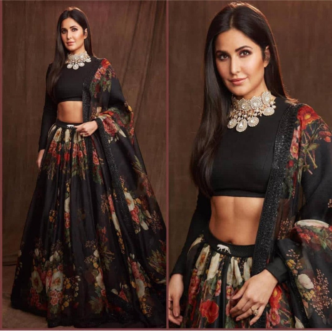 Black banglory silk digital floral printed partywear lehenga choli