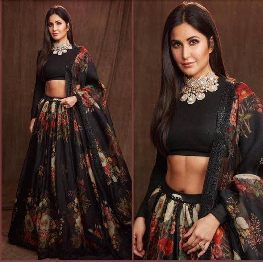 Black banglory silk digital floral printed partywear lehenga choli